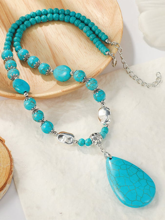 Vintage Turquoise Pendant Bohemian Beaded Ethnic Jewelry Turquoise Necklace Earring Set