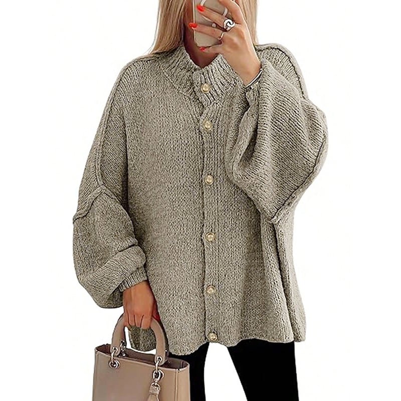 Women's Winter Button Down Cardigan Sweaters Mock Neck Lantern Long Sleeve Chunky Knit Jacket Trendy Outerwear