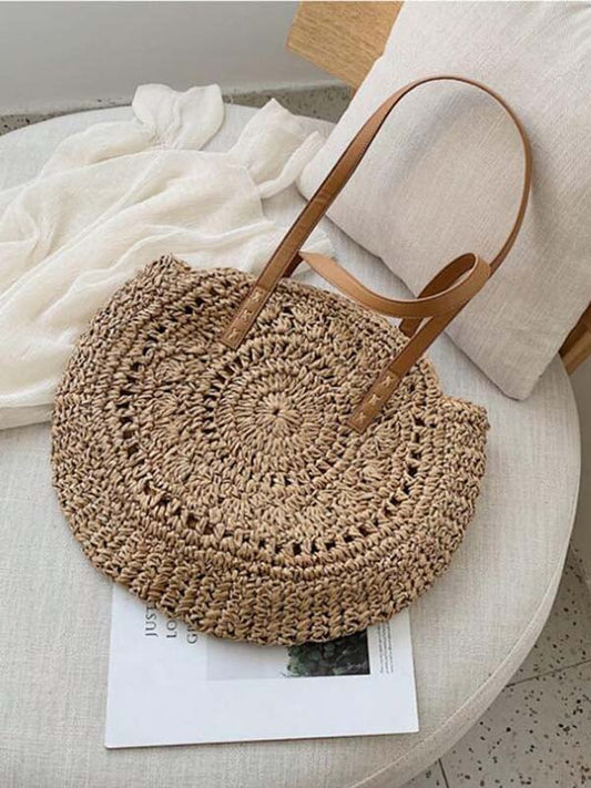 Cotton Linen Crochet Hollow Large Capacity Round Cake Straw Bag
