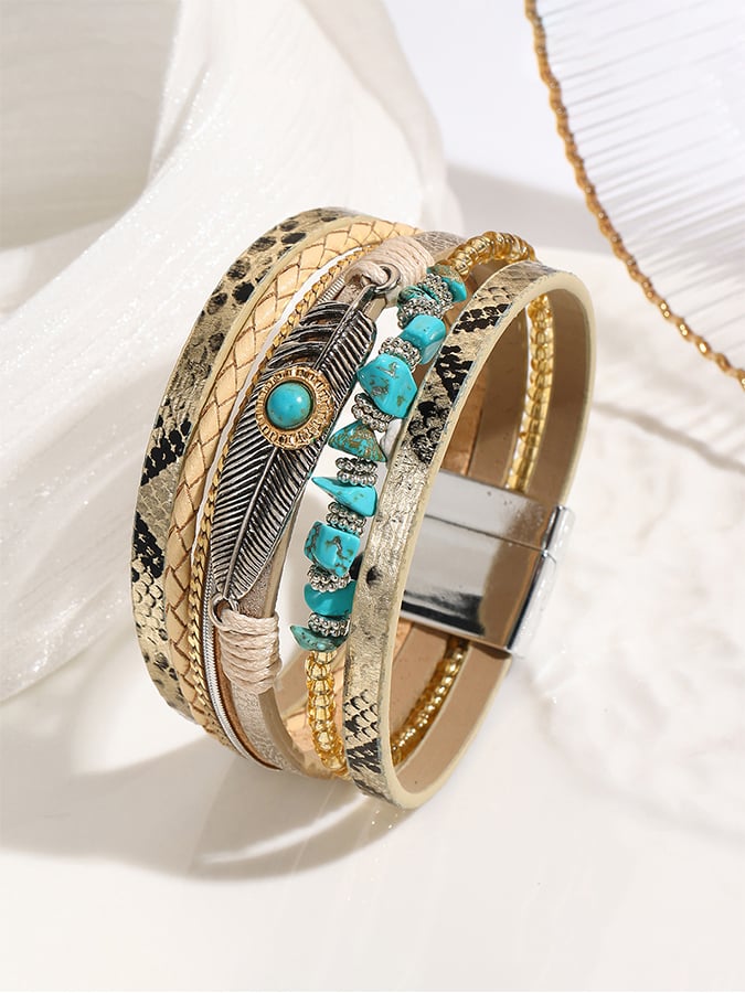 Women's Vintage Bohemian Feather Turquoise Magnet Clasp Bracelet