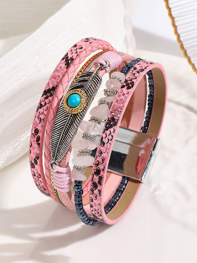Women's Vintage Bohemian Feather Turquoise Magnet Clasp Bracelet