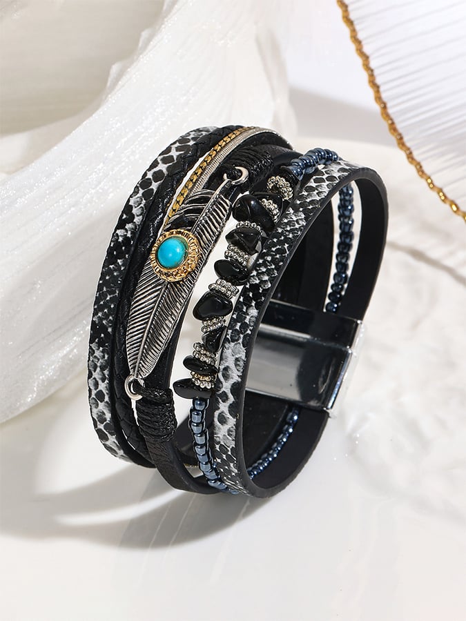 Women's Vintage Bohemian Feather Turquoise Magnet Clasp Bracelet