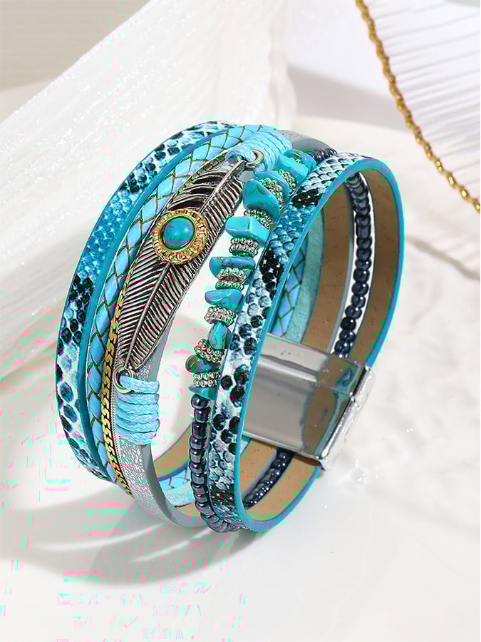 Women's Vintage Bohemian Feather Turquoise Magnet Clasp Bracelet
