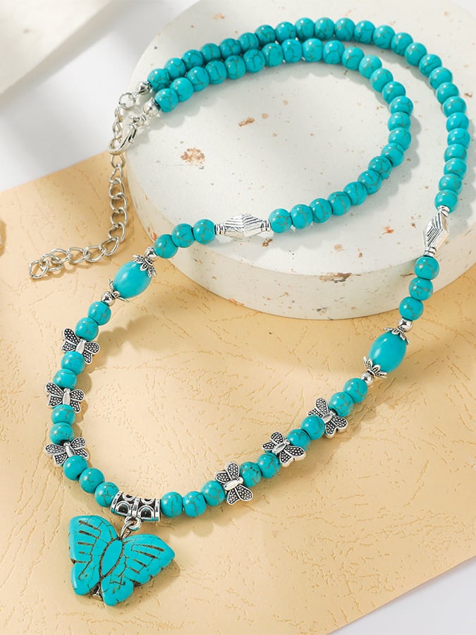 Vintage Turquoise Pendant Bohemian Beaded Ethnic Jewelry Turquoise Necklace Earring Set