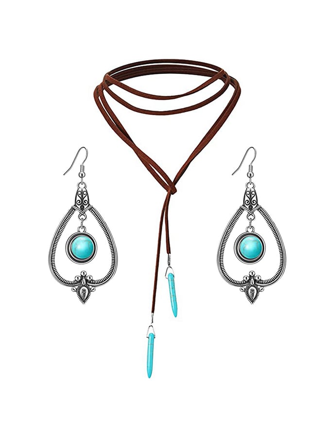 Vintage Turquoise Pendant Bohemian Beaded Ethnic Jewelry Turquoise Necklace Earring Set