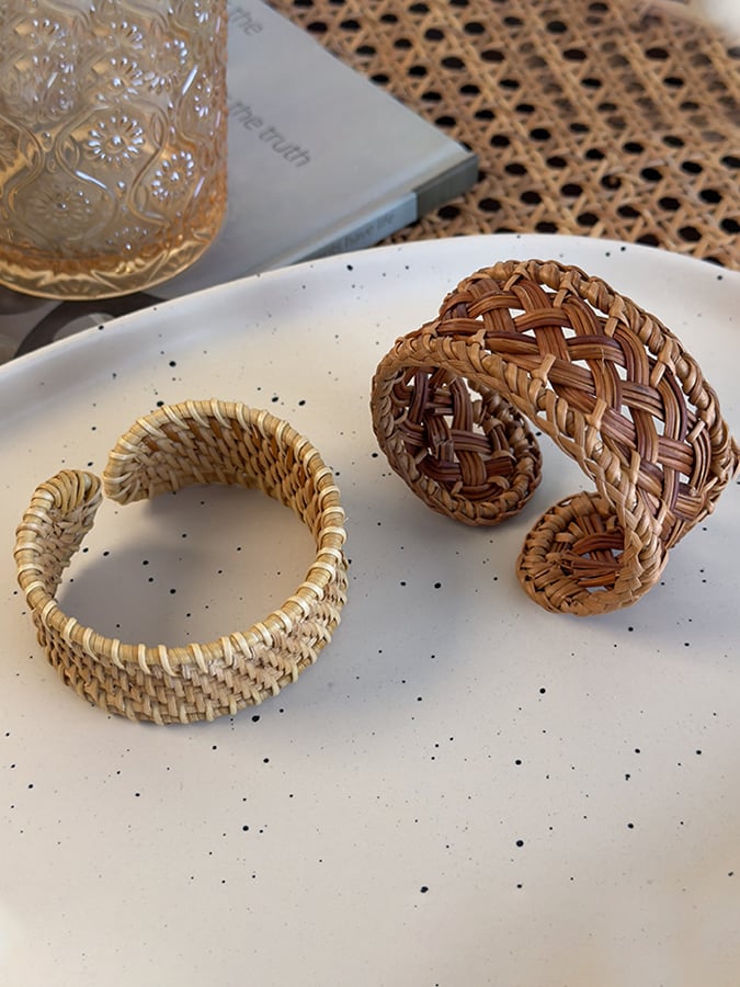 Bracelet en rotin tressé style ethnique rétro pour femme 