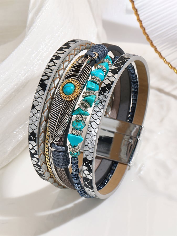 Women's Vintage Bohemian Feather Turquoise Magnet Clasp Bracelet