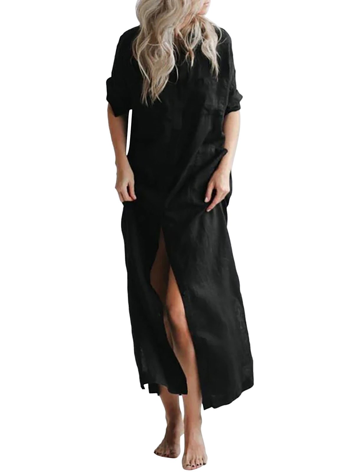 Women's Casual Solid Color Shirt Long Dress