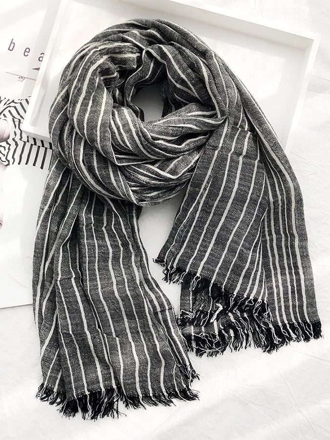 Women's Casual Striped Cotton and Linen Scarf