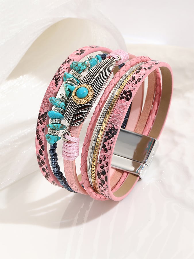 Women's Vintage Bohemian Feather Turquoise Magnet Clasp Bracelet