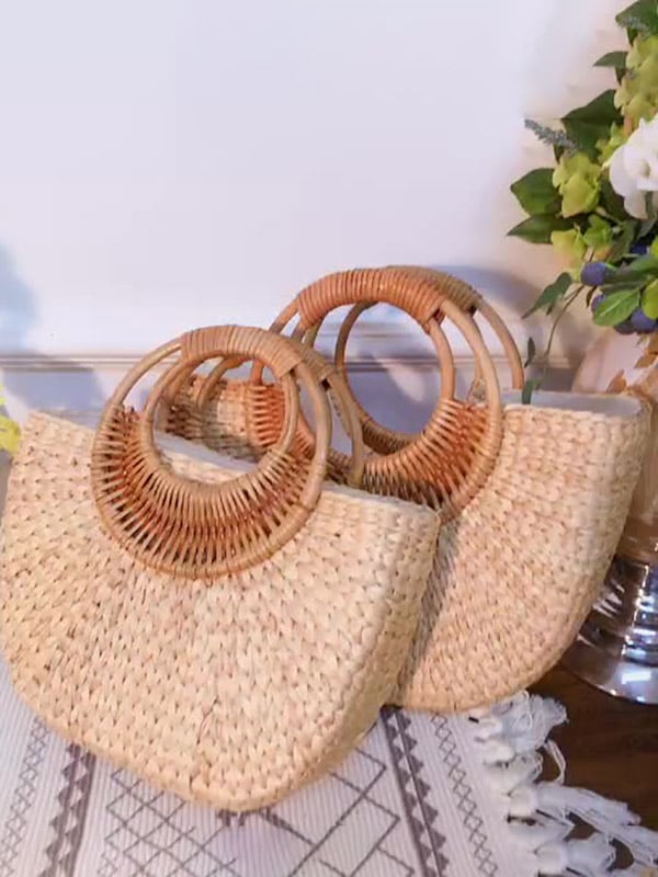 Cotton, hemp and rattan moon style handbag