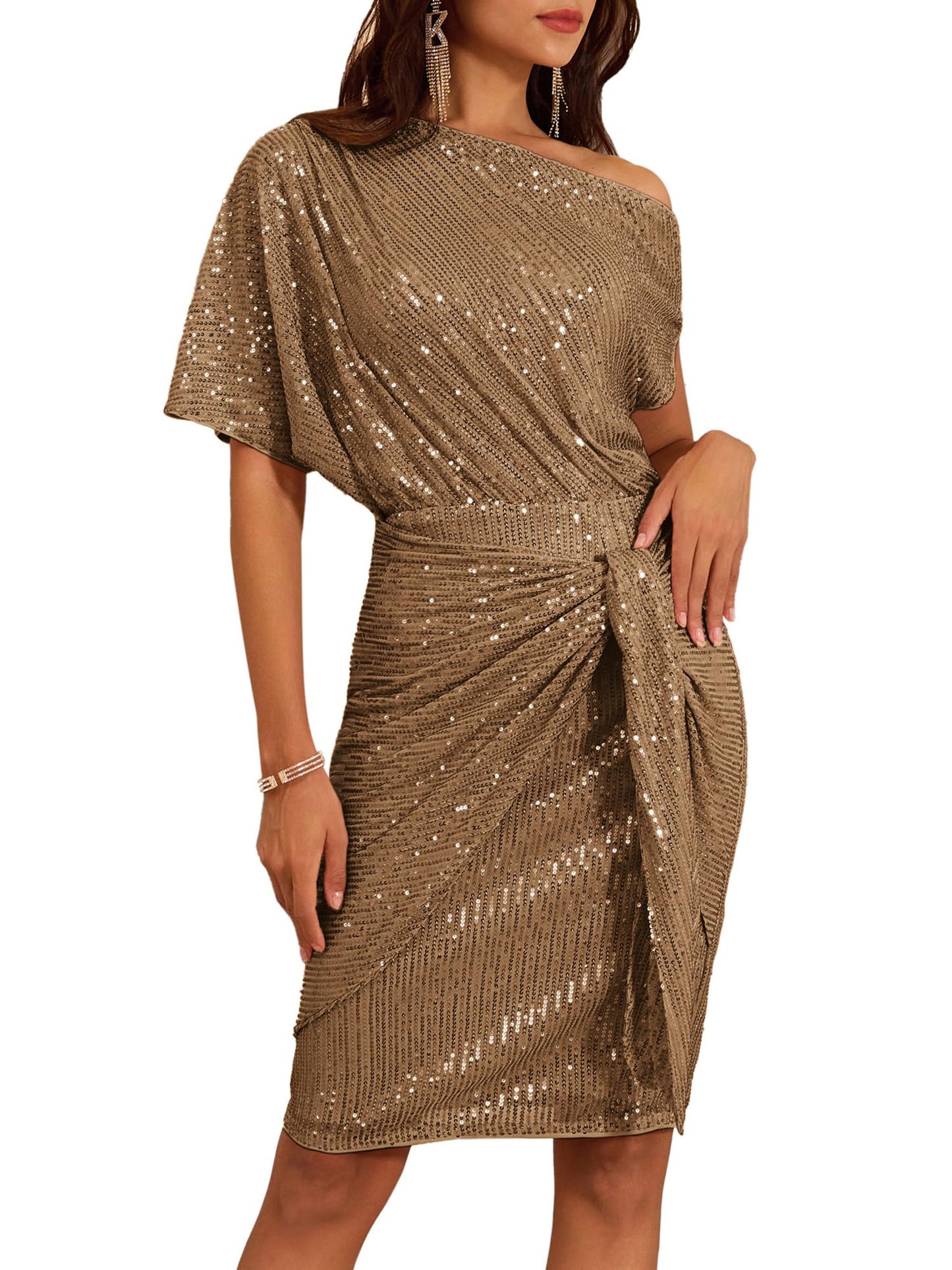 ⏰Hot Sale-Women's Sequin Sparkly Glitter One Shoulder Ruched Bodycon Dress(Buy 2 Free Shipping)