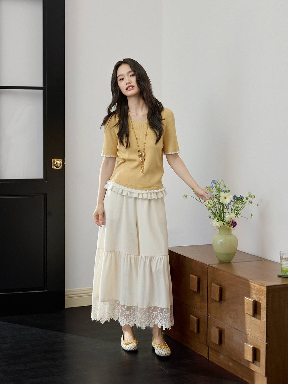 High-Waist Lace Trim Culotte Skirt Pants