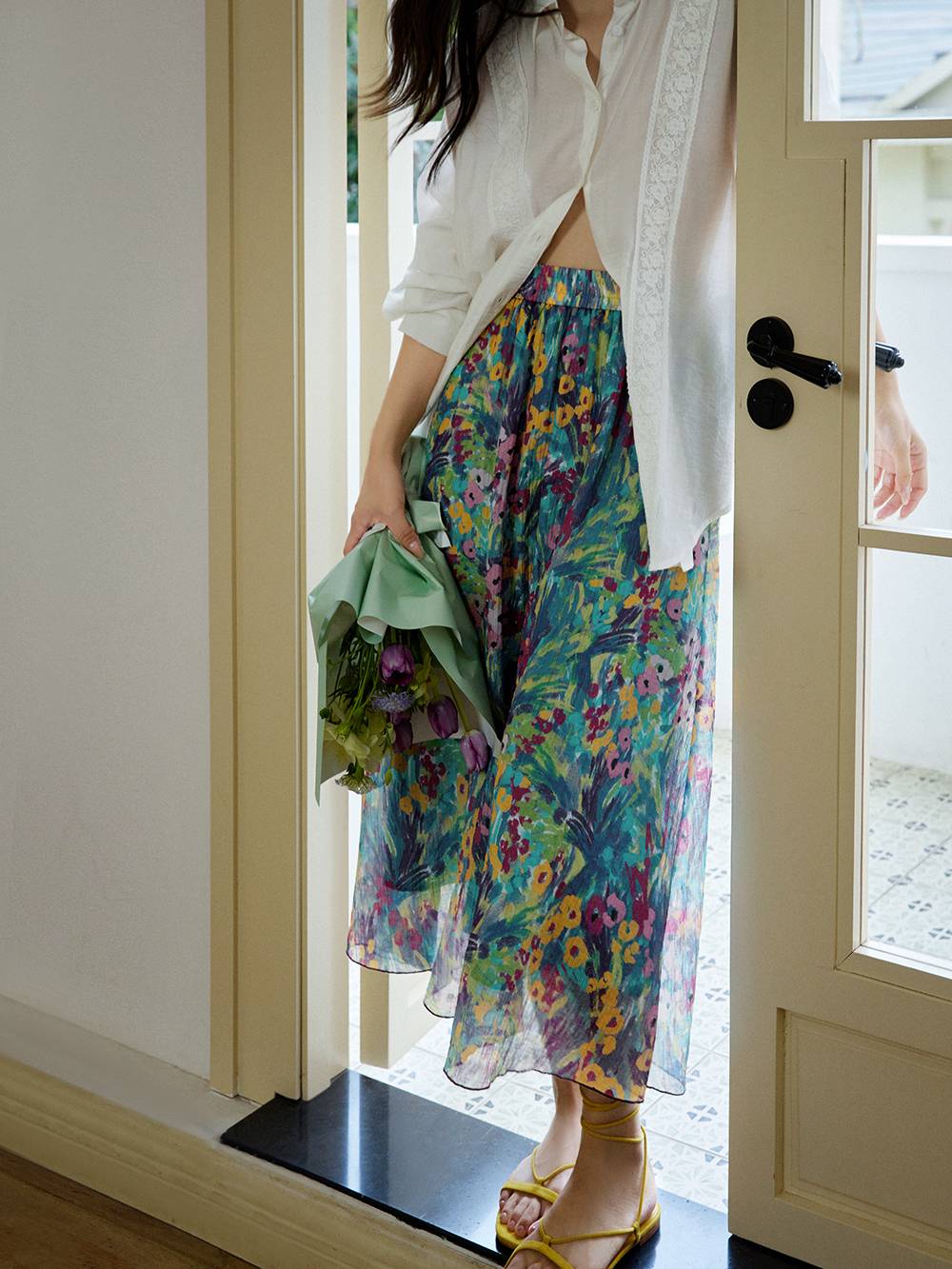 French Oil Painting Floral Print Elastic Waist Skirt ✨Free Shipping✨