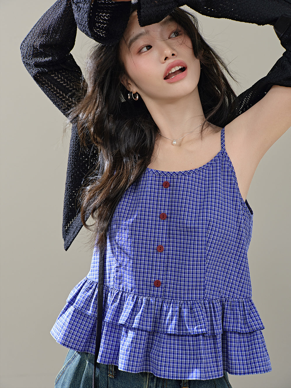 Blue Plaid Ruffle Blouse