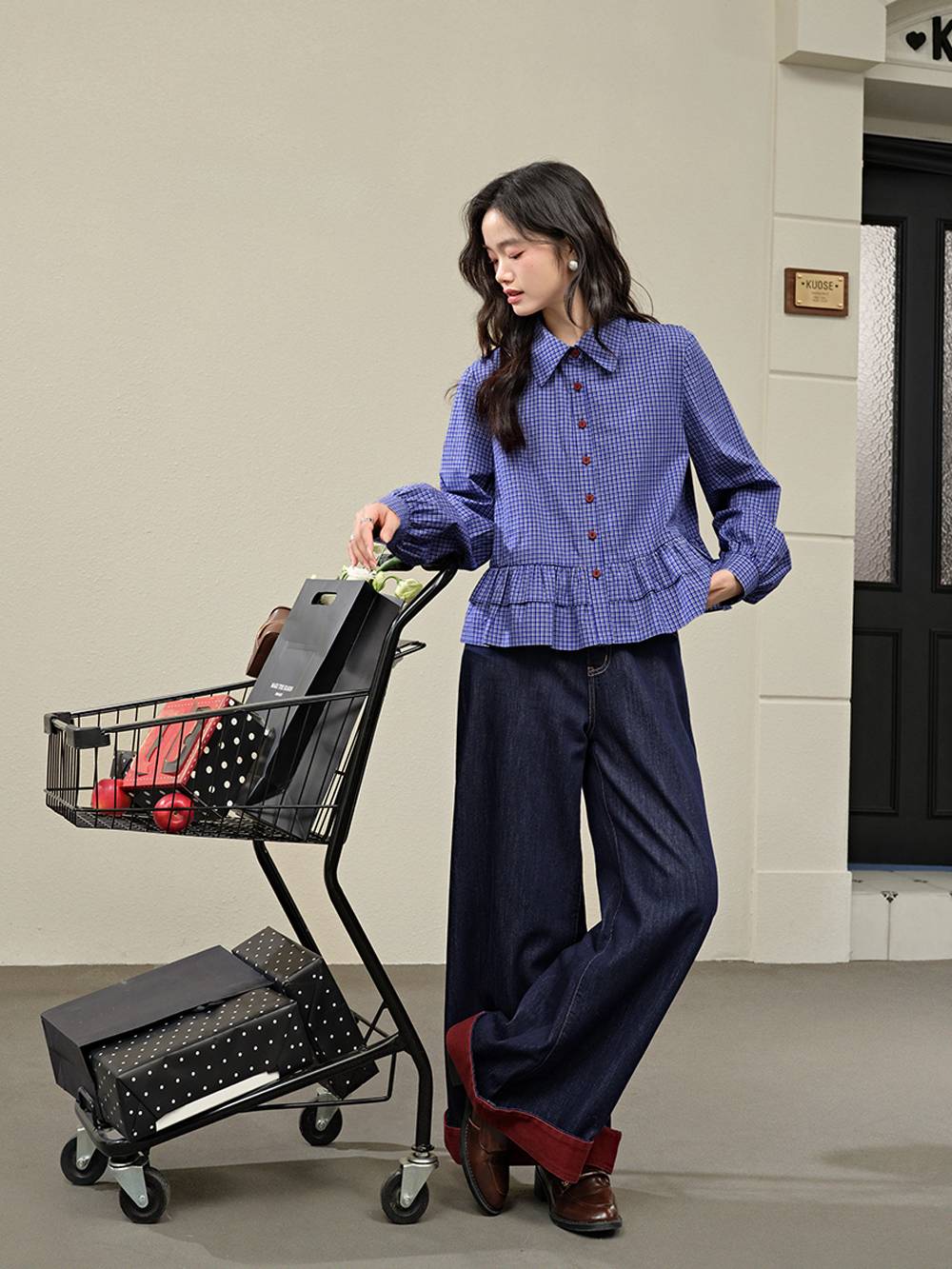 Blue Plaid Ruffle Blouse