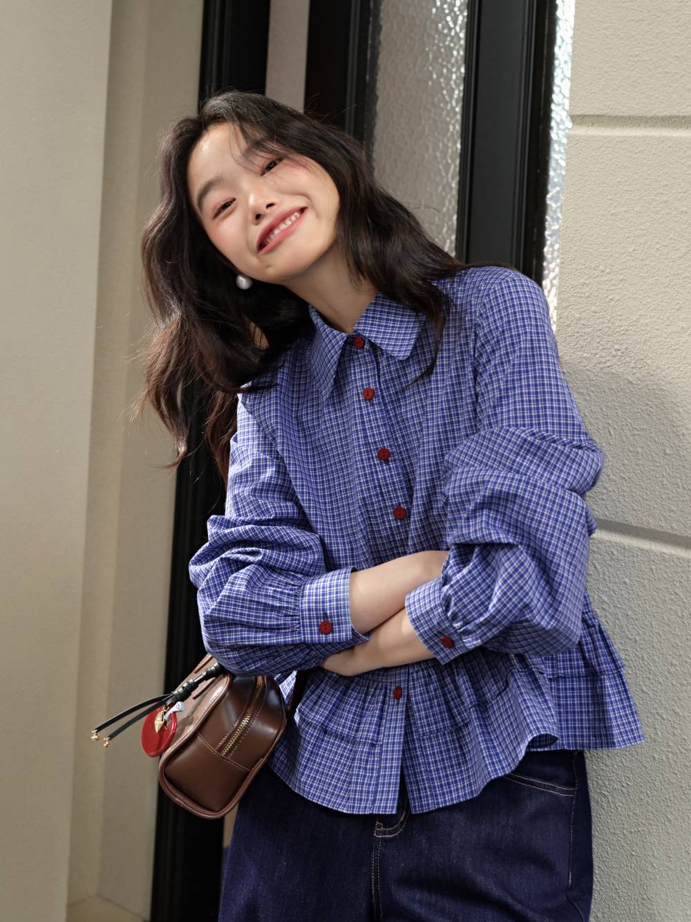 Blue Plaid Ruffle Blouse