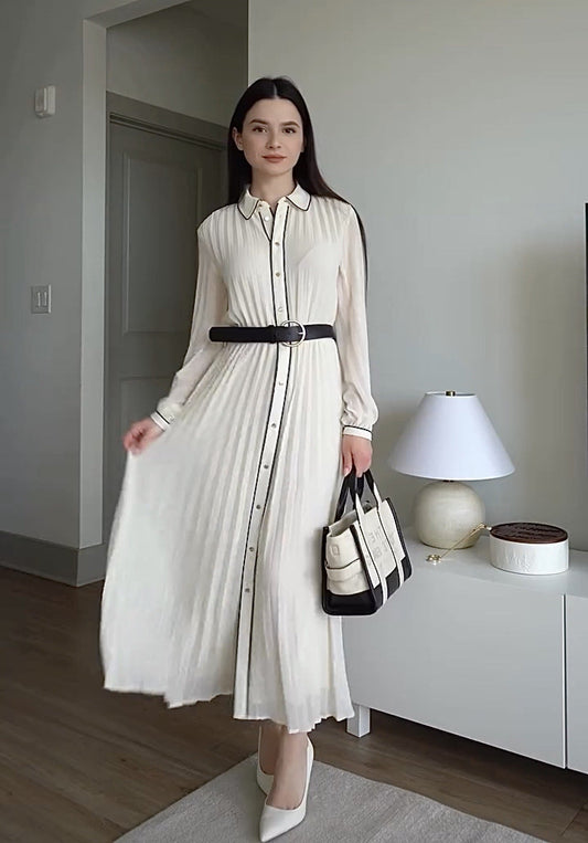 Elegant White Pleated Dress with Black Trim