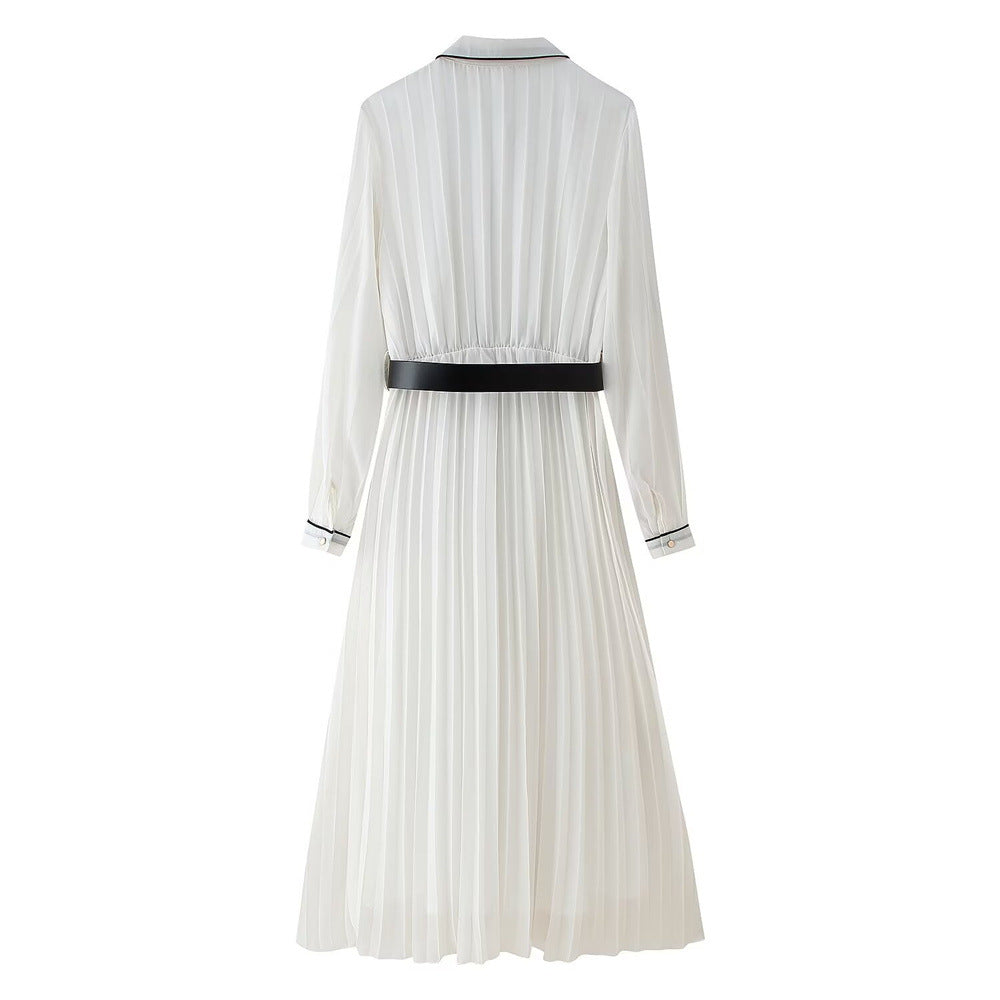 Elegant White Pleated Dress with Black Trim