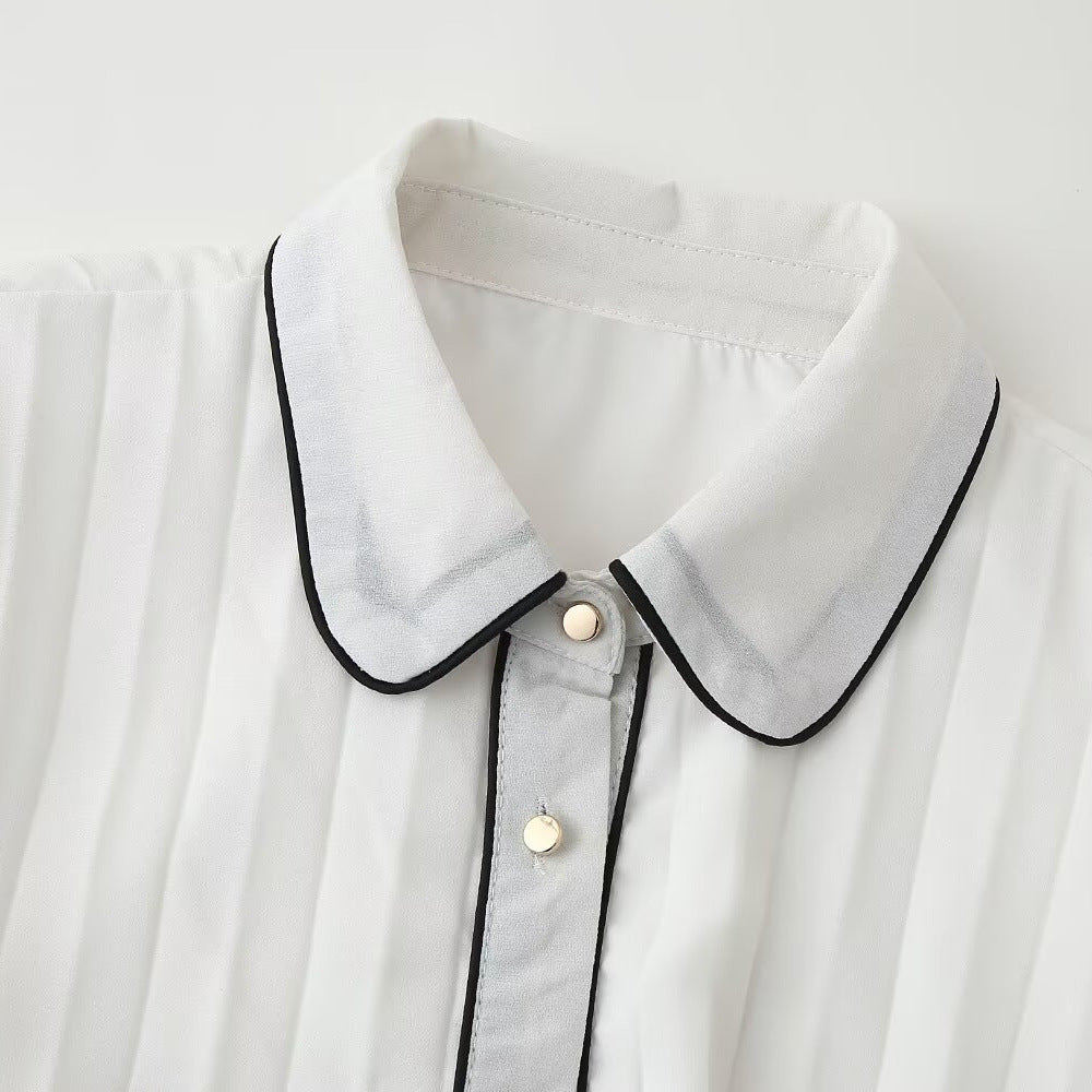 Elegant White Pleated Dress with Black Trim