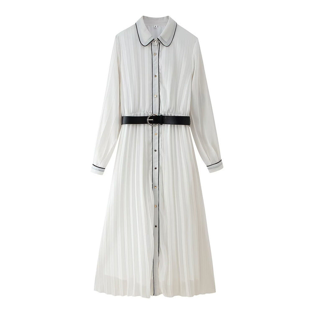 Elegant White Pleated Dress with Black Trim