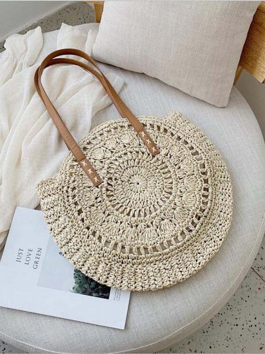 Cotton Linen Crochet Hollow Large Capacity Round Cake Straw Bag
