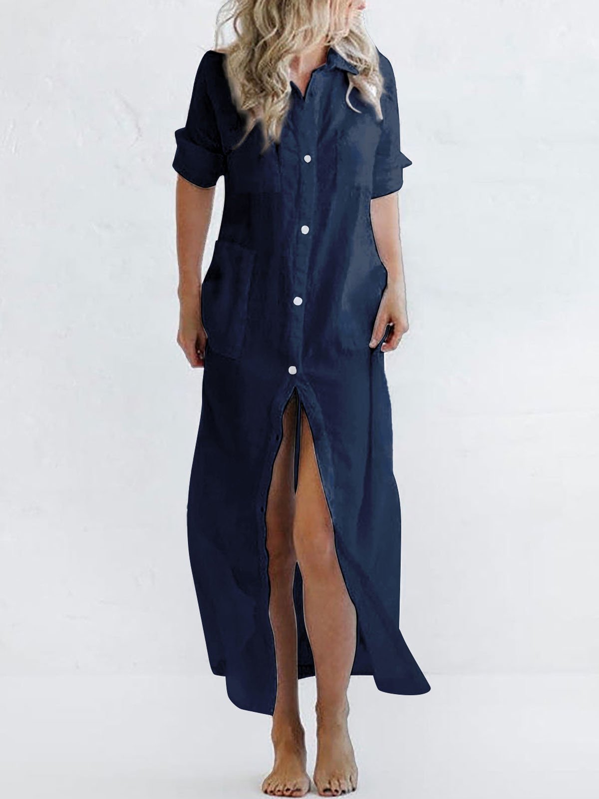 Women's Casual Solid Color Shirt Long Dress