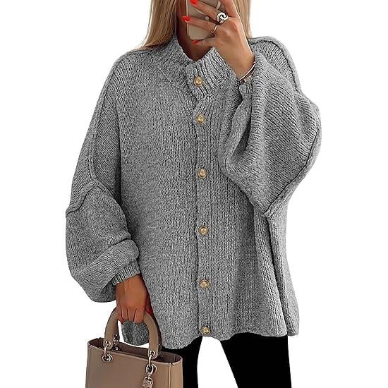 Women's Winter Button Down Cardigan Sweaters Mock Neck Lantern Long Sleeve Chunky Knit Jacket Trendy Outerwear