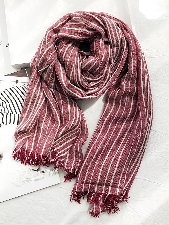 Women's Casual Striped Cotton and Linen Scarf