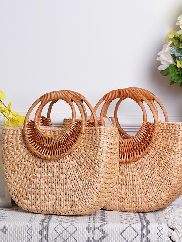 Cotton, hemp and rattan moon style handbag