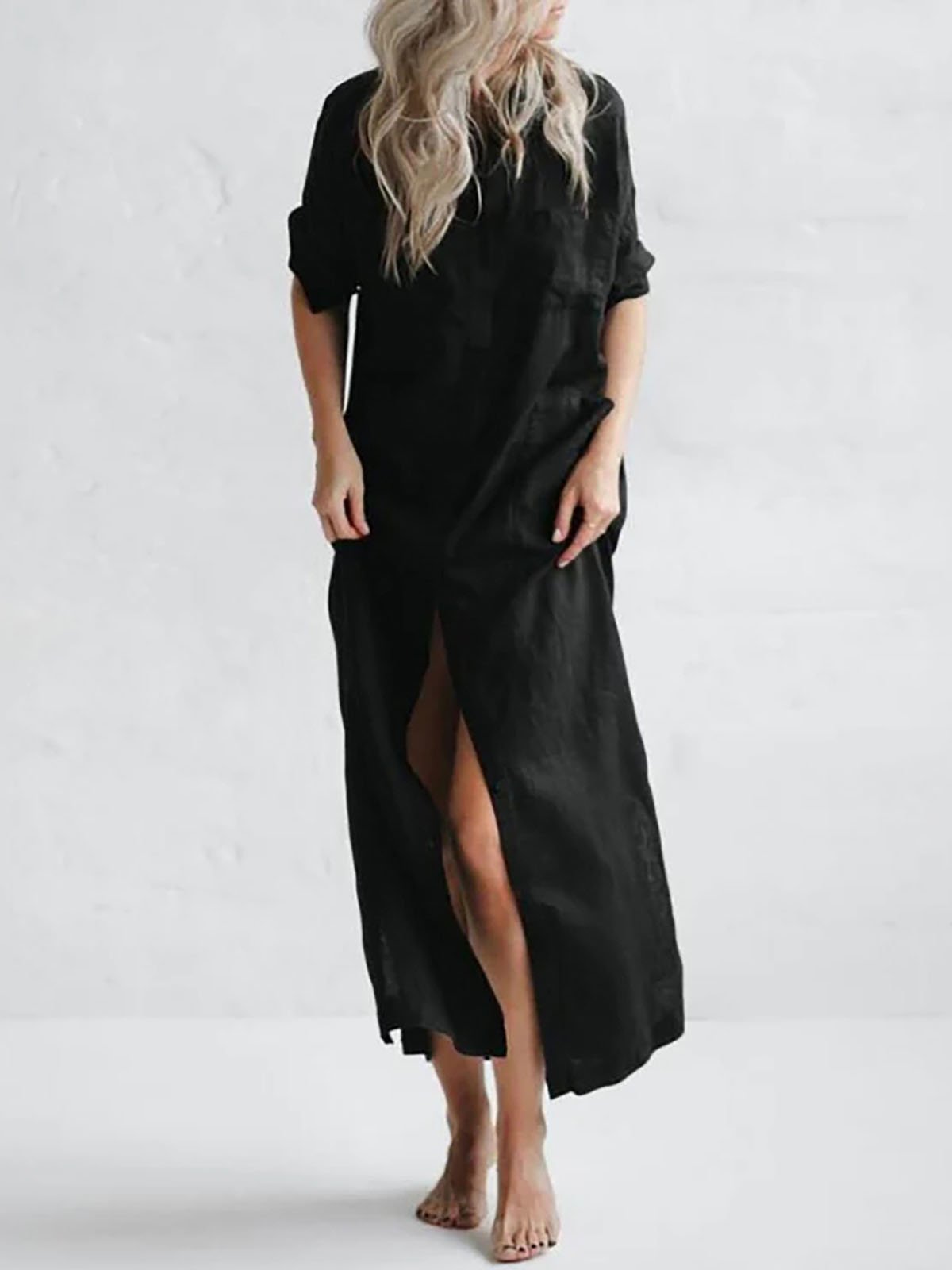 Women's Casual Solid Color Shirt Long Dress