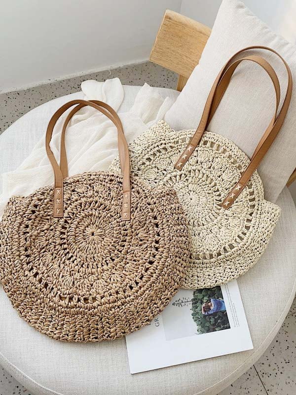 Cotton Linen Crochet Hollow Large Capacity Round Cake Straw Bag