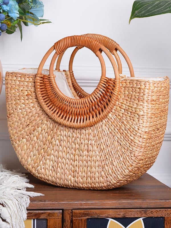 Cotton, hemp and rattan moon style handbag